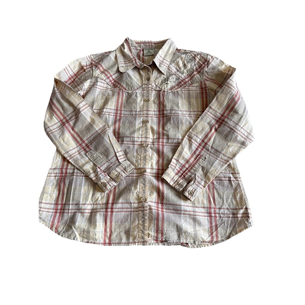 Cabelas Shirt Womens XL Beige Plaid Long Sleeve Western Floral Embroidered